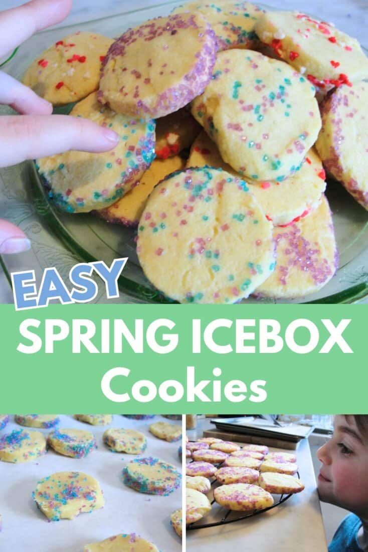 "Easy Spring Icebox Sugar Cookies" title with image of colorful sugar coated cookies on a plate with child's hand