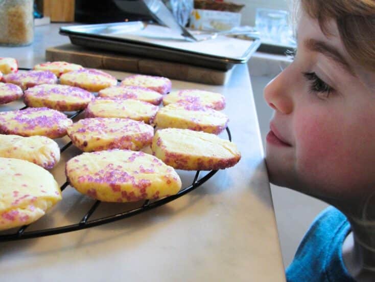 child looking at spring cookies cooling on a rack on kitchen counter