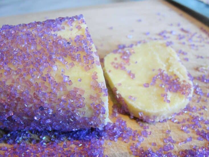 close up of icebox cookies sliced and covered in purple sugar