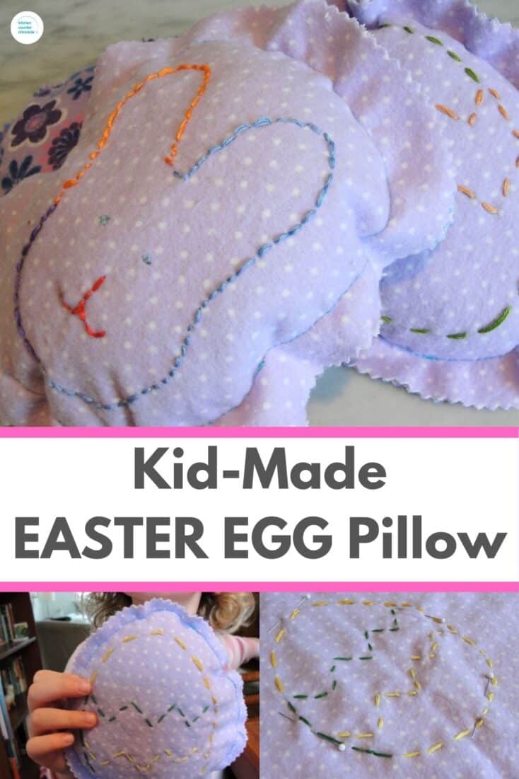 title "kid made easter egg pillow" with image of easter egg shaped pillow with bunny embroiderd on.