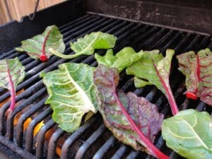 bbq swiss chard leaves on grill