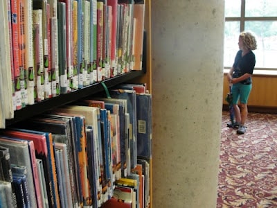 looking at the bookcases