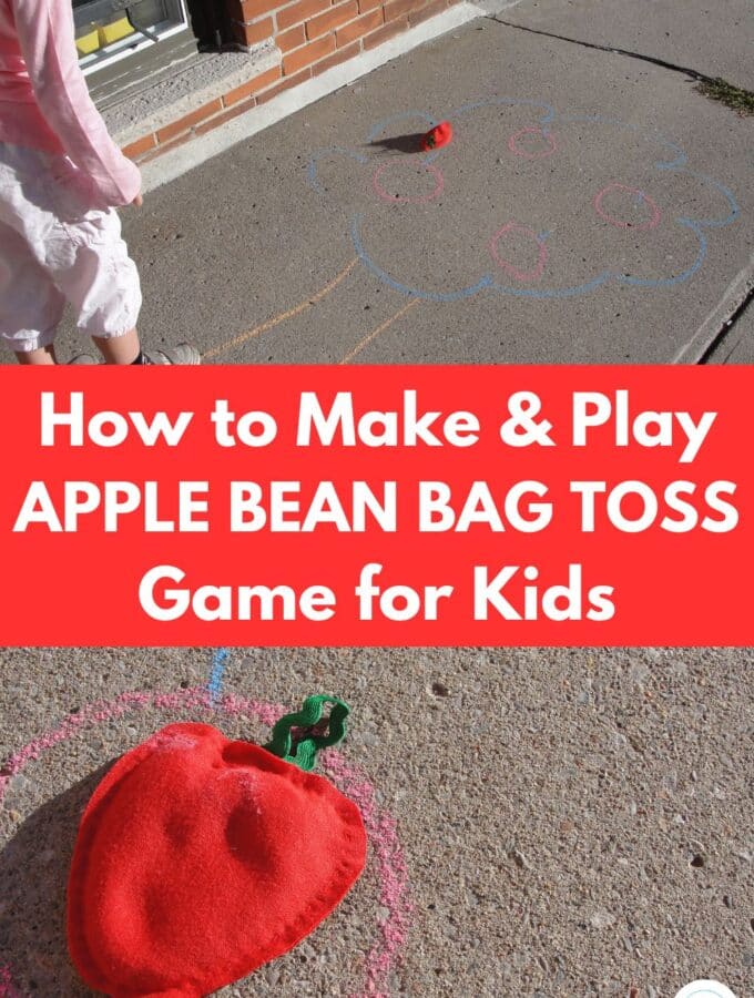 title "how to make and play apple bean bag toss game for kids" with apple bean bag and kid playing the game on driveway.