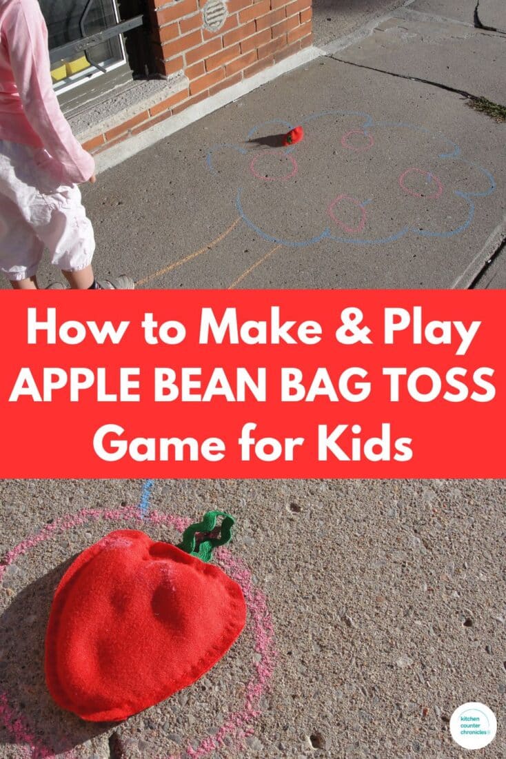 title "how to make and play apple bean bag toss game for kids" with apple bean bag and kid playing the game on driveway.