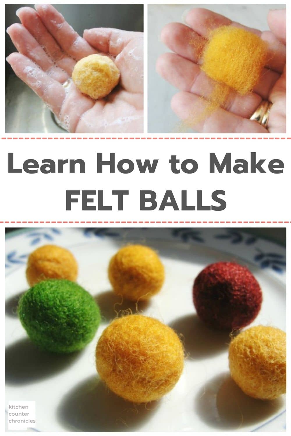 hands with felt and felt balls plate with felt balls and title how to make felt balls. title "Learn how to make felt balls"