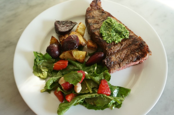 kale and garlic scape pesto with steak