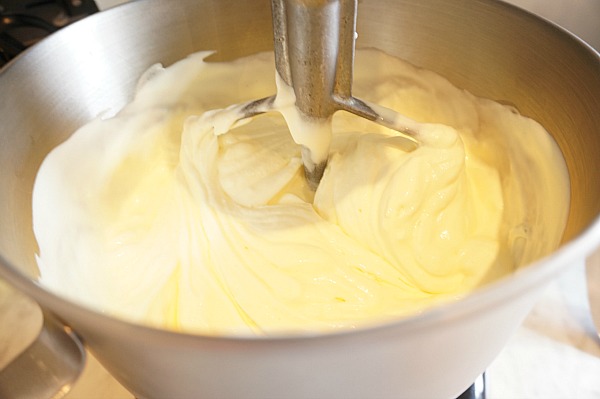 ice cream cake filling in a stand mixer bowl