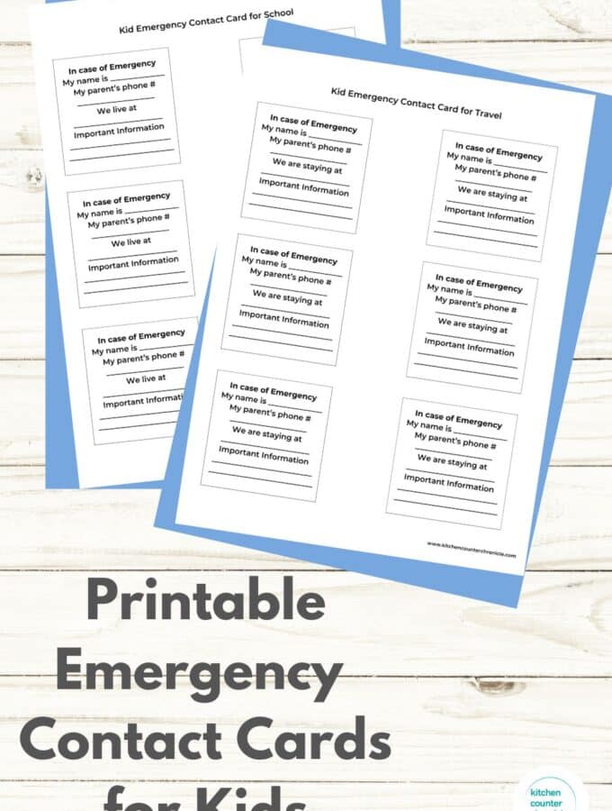 Printable Emergency Contact Cards for Kids for Travel and for School and Camp. 2 pages printed out on wood table background