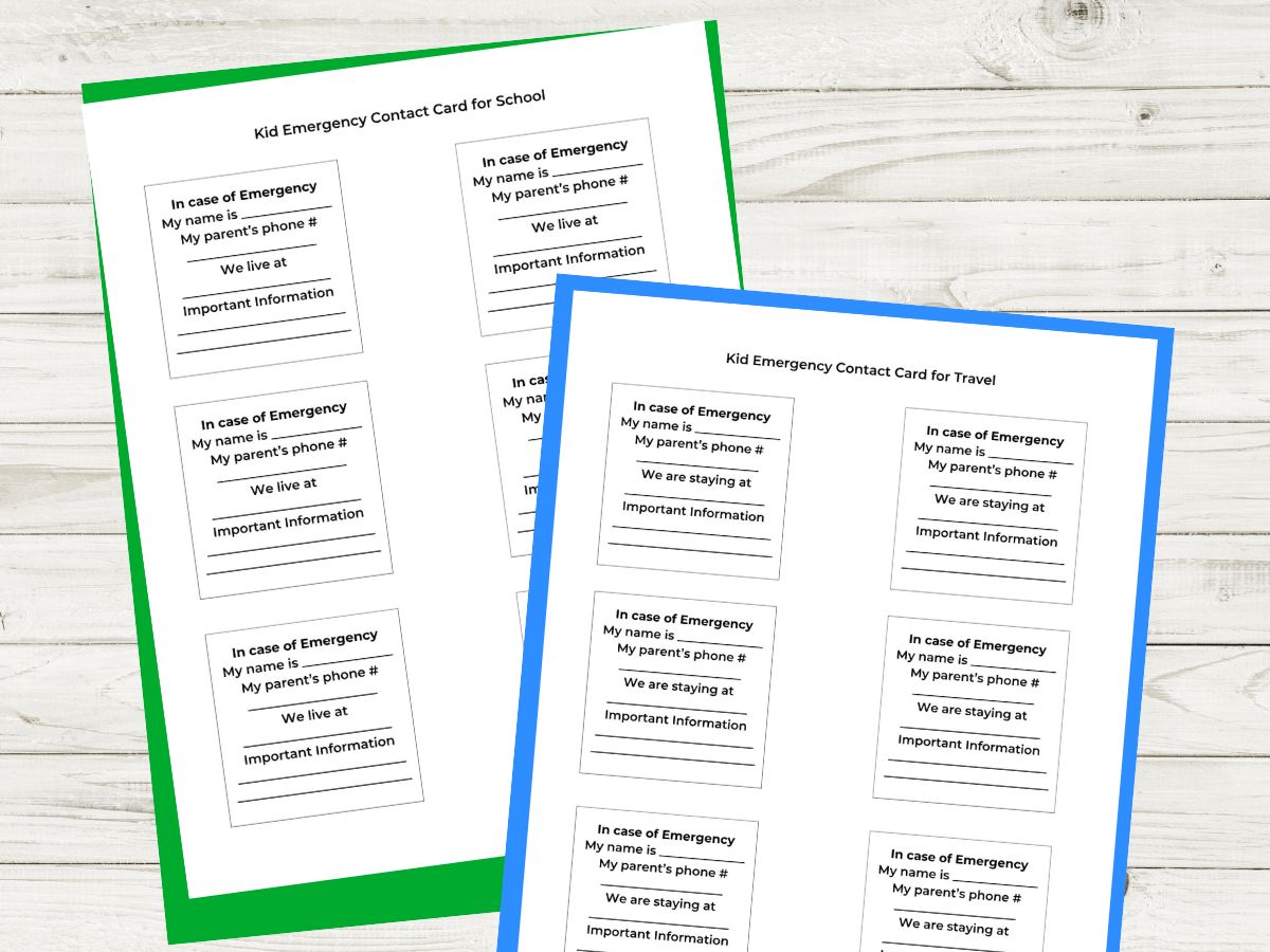 emergency contact cards for kids for school or camp or travel printed out on paper and on wooden table.