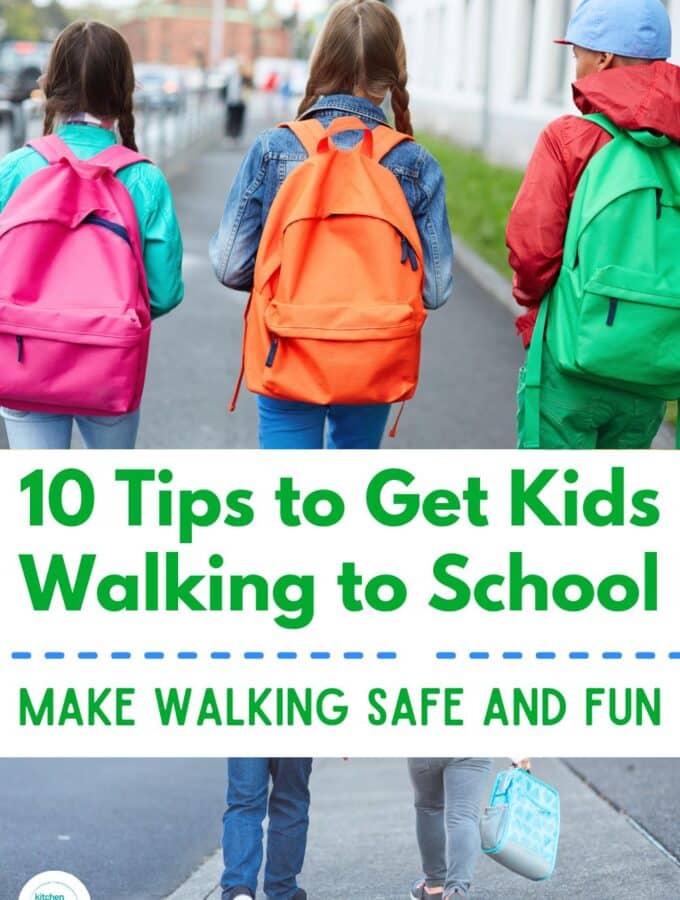title "10 Tips for walking kids to school - make walking safe and fun" - 3 kids wearing backpacks walking to school