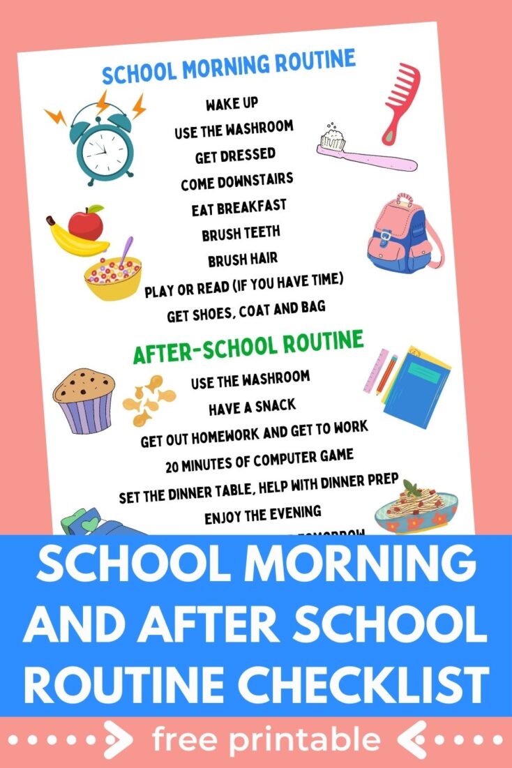 title "SCHOOL MORNING AND AFTER SCHOOL ROUTINE CHECKLIST free printable" with image of the printable checklist