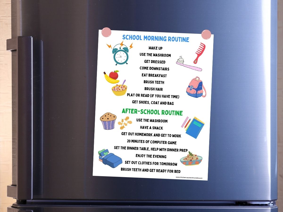 school morning routine printable with magnets on fridge