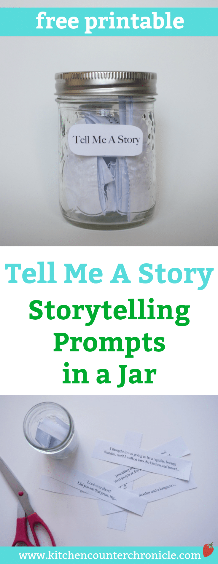 Storytelling Prompts in a Jar - Print off these storytelling prompts and share them with your kids. Use them to tell stories and write stories with your children. | Creative Writing for Kids | Writing Activity for Kids | Kids Activities | Free Printable for Kids |
