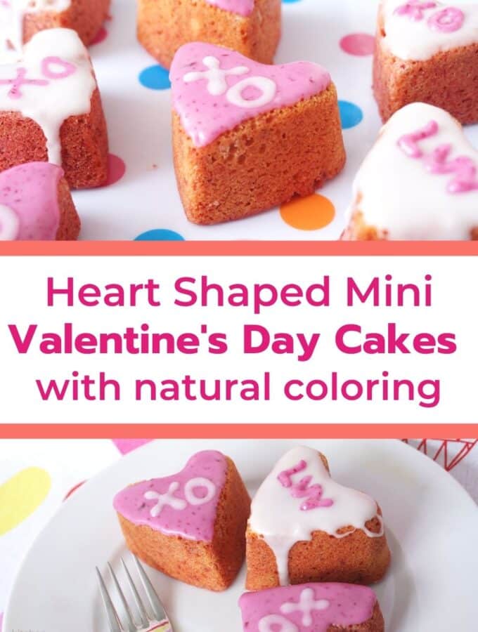 heart shaped valentines day cakes with natural coloring baked and on table with title