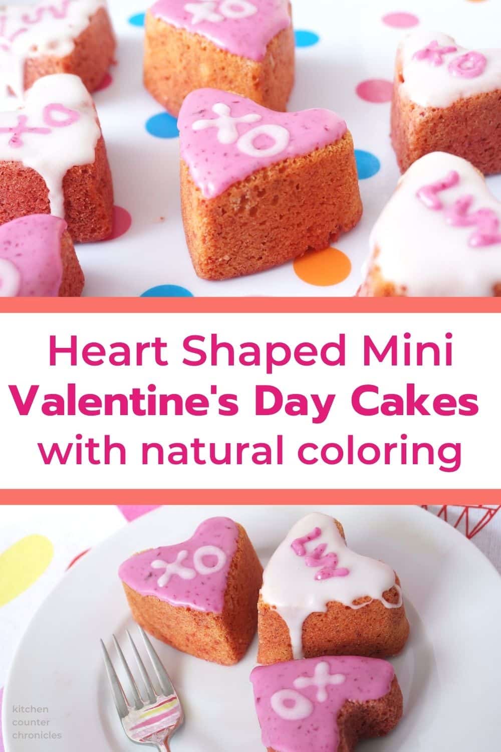 heart shaped valentines day cakes with natural coloring baked and on table with title