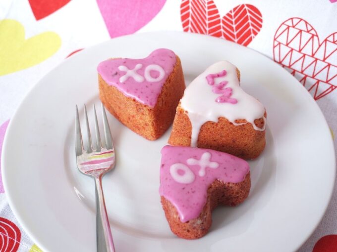 heart shaped valentines day cake baked on white plate