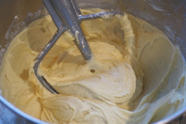 maple syrup cake batter in mixer