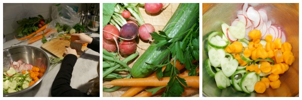 peter rabbit salad making - vegetables being chopped and placed in a bowl
