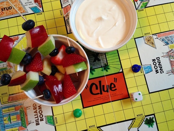 clue fruit kebab and yogurt dip with board