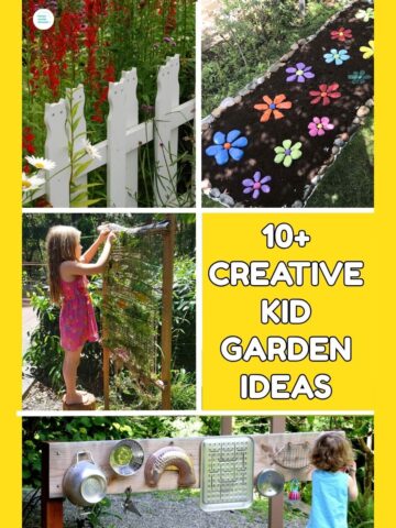 collage of kid garden ideas - rock daisies, cat fence, music garden and garden weaving