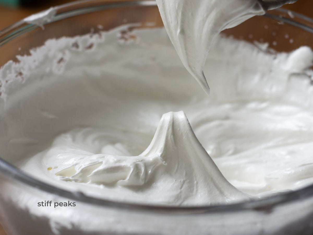stiff peaks of meringue in bowl