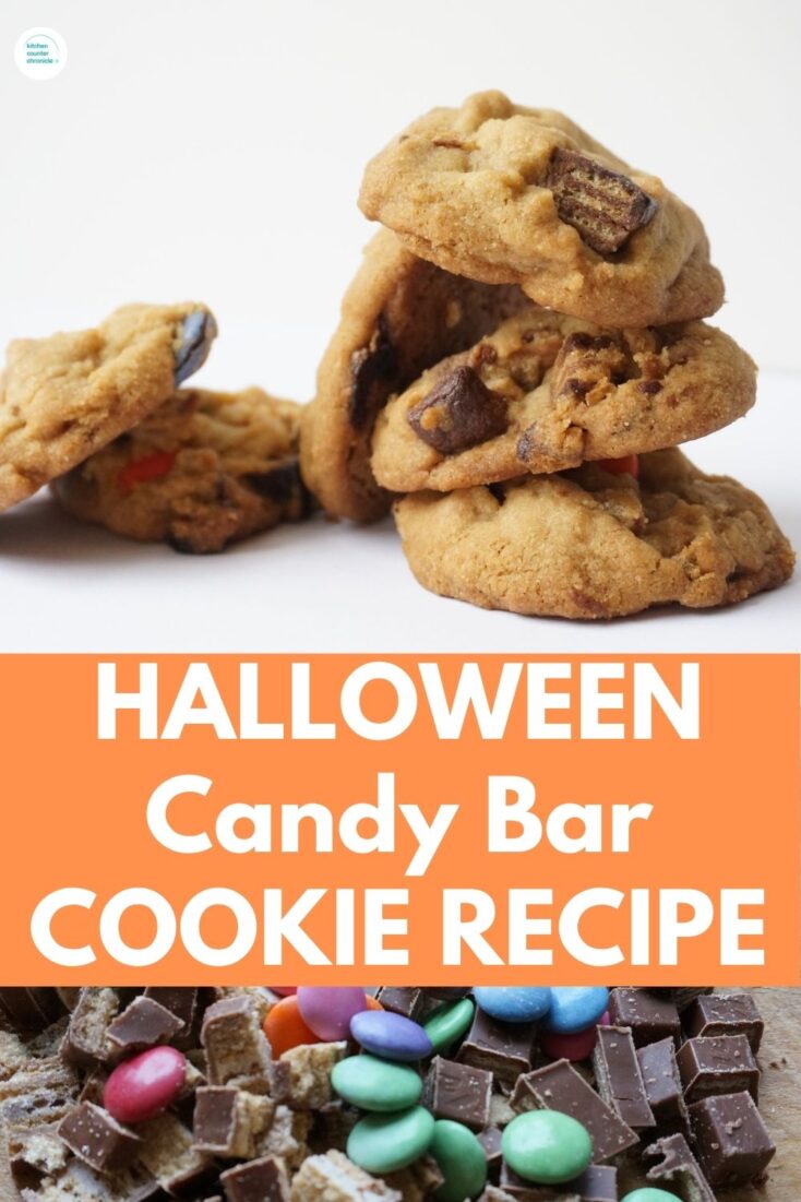 image of a pile of HALLOWEEN Candy Bar COOKIE recipe pin image