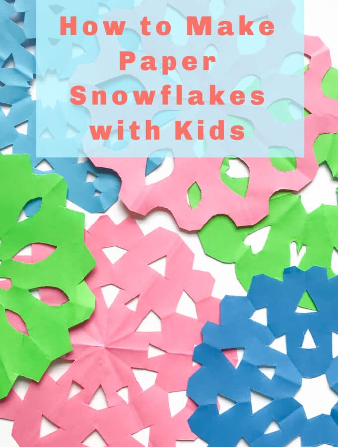 title how to make paper snowflakes with kids and pile of paper snowflakes