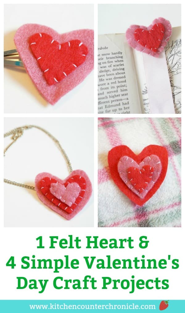 Felt Heart Valentine's Day Craft - One simple felt heart can be used to make these 4 lovely Valentine's Day crafts. Simple crafts for kids to make and give. #ValentinesDayCrafts #ValentinesDay #FeltCrafts #craftsforkids