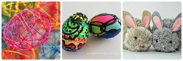 easter crafts for tweens to make 1 - string eggs, black glue easter eggs and pompom bunnies