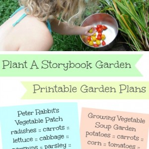 title plant a storybook garden with kids with close up of child sorting tomatoes in a garden