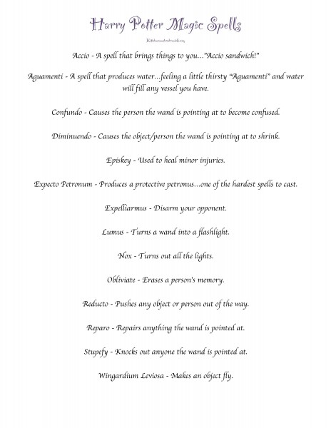 harry potter spell list