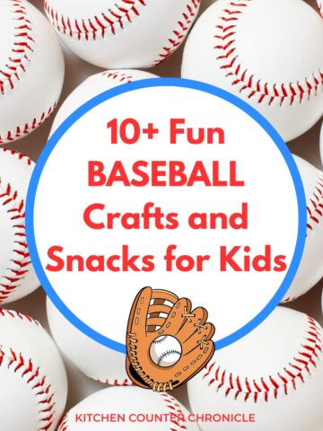 pile of baseball with title Creative BASEBALL Crafts and snacks for kids