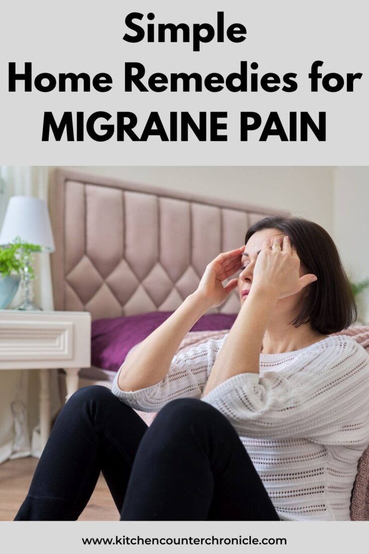 Home Remedies for MIGRAINE PAIN title with image of woman on floor of bedroom holding her head