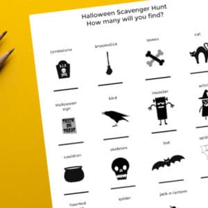 outdoor halloween scavenger hunt for kids printed out with pencils