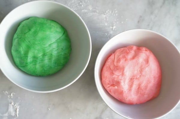 Christmas pinwheel cookie dough in bowls