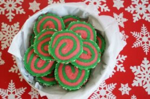 christmas pinwheel cookies in cookie tin