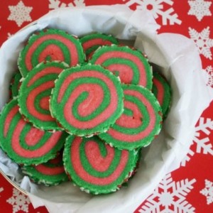 christmas pinwheel cookies in cookie tin