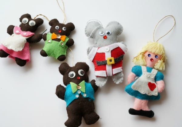 felt mouse ornaments with storybook ornaments