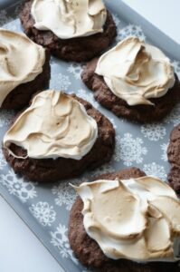 Hot chocolate cookie with marshmallow frosting