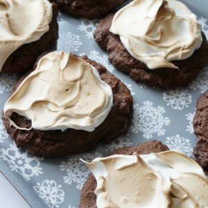 Hot chocolate cookie with marshmallow frosting