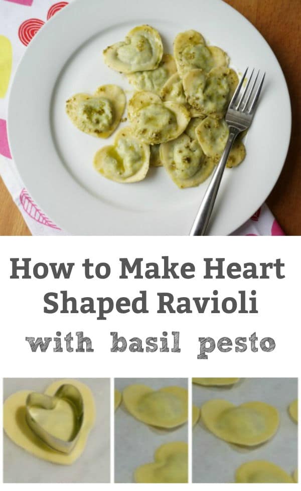 plate of heart shaped ravioli with basil pesto and collage of making homemade heart shaped ravioli