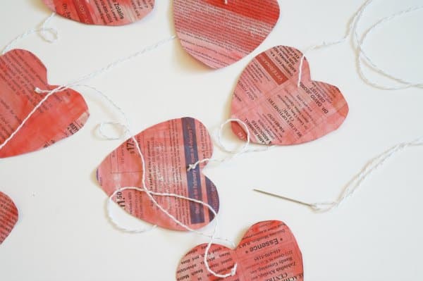 newspaper heart garland hanging hearts