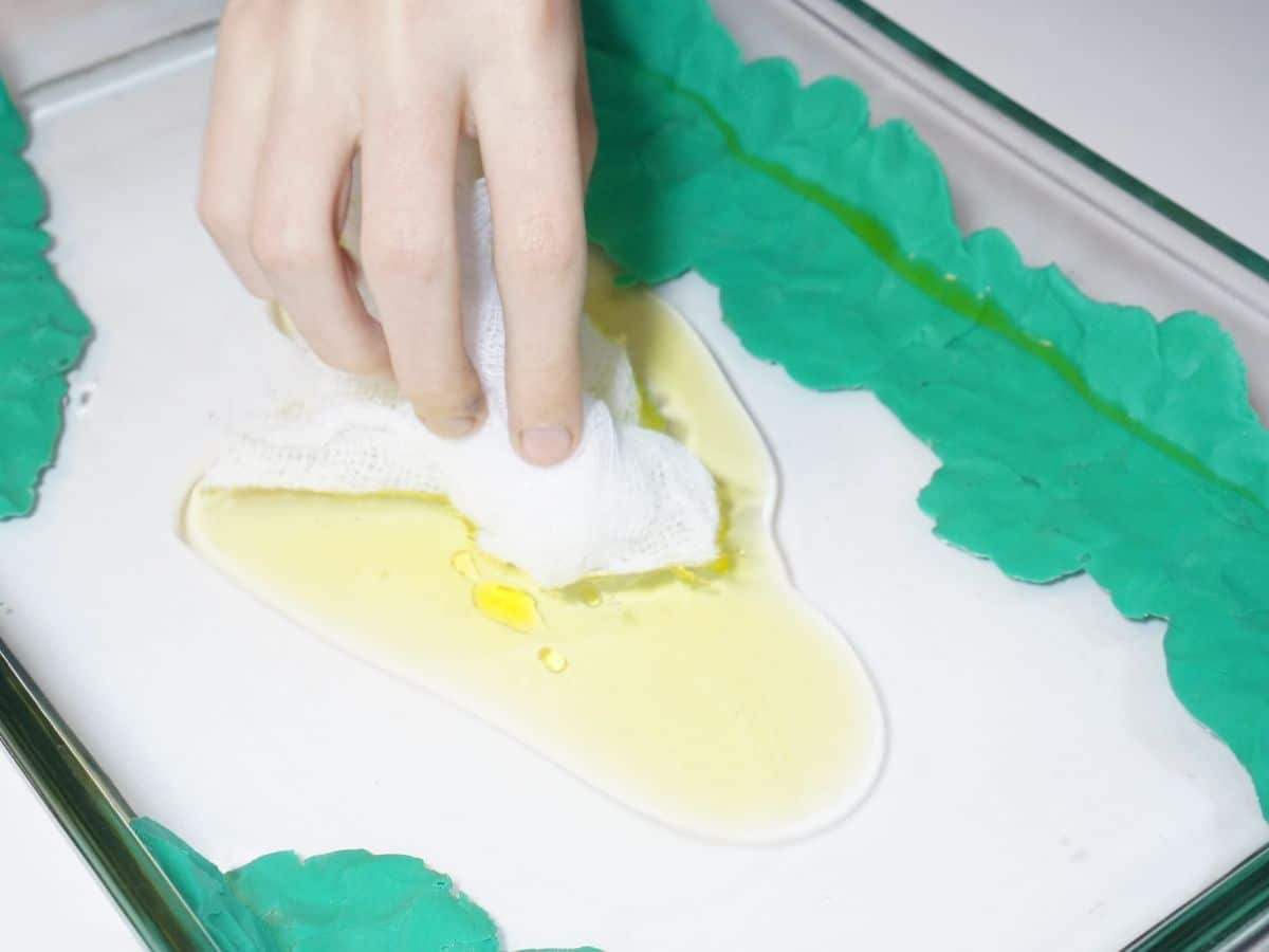 hand with cheesecloth absorbing oil spill from the water