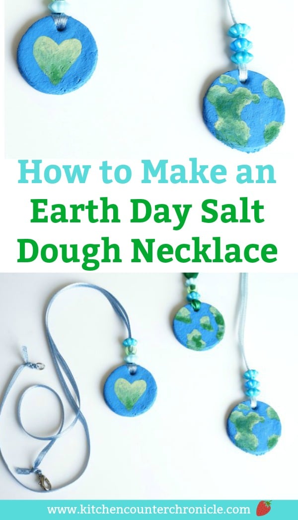 Make, bake and paint a planet earth necklace to celebrate Earth Day. A simple salt dough recipe and step-by-step tutorial for making the necklace. #earthday #earthdaycraft #saltdoughrecipe #saltdoughnecklace #enviromentalscience #kidcrafts #earthcrafts #necklacecraft #craftsforkids