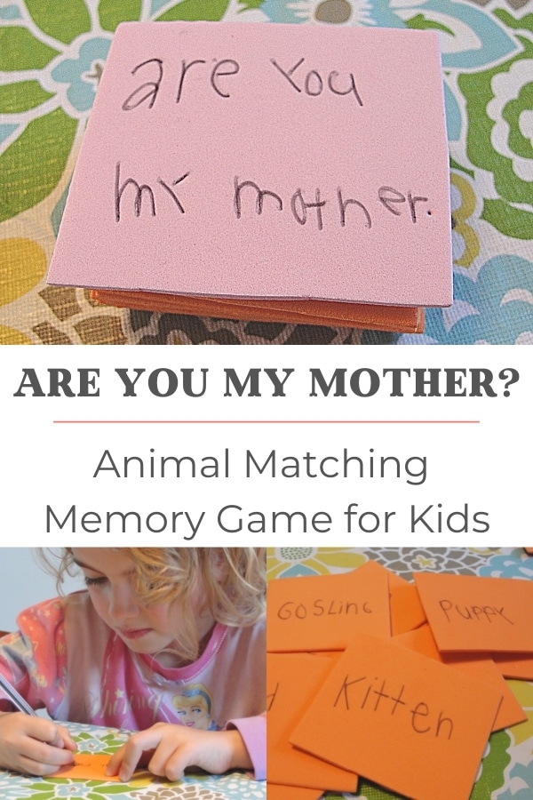 Are You My Mother Animal Memory Game for Kids title with pile of memory cards