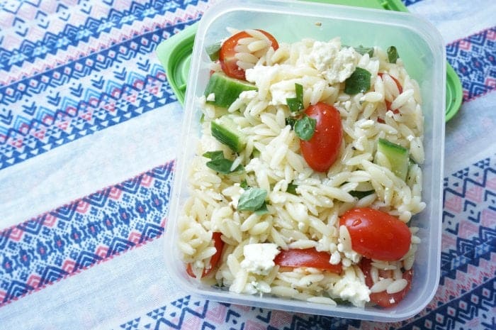 Greek Pasta Salad in resealable container