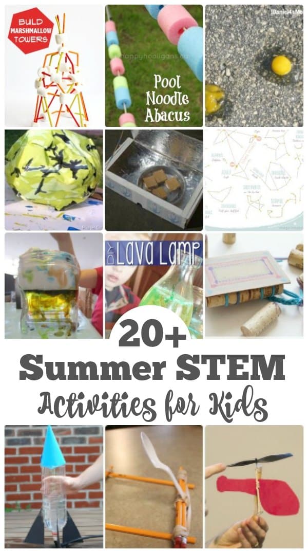 collage of 20+ summer STEM activities and experiments for kids