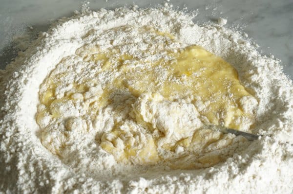 Homemade pappardelle dough mixing
