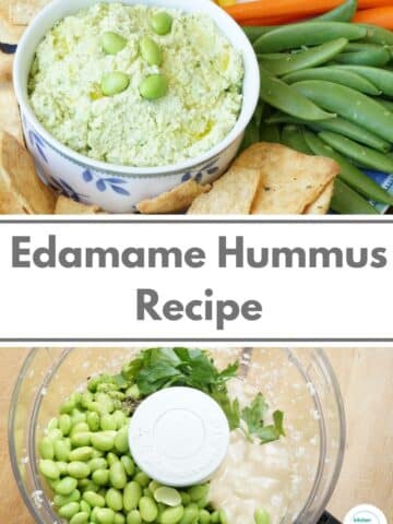 edamame hummus recipe title with image of edamame in food processor and edamame hummus in bowl surrounded by vegetables