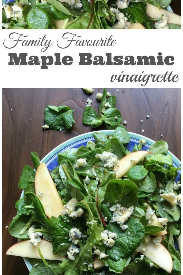 Family Favourite Maple Balsamic Vinaigrette - Stuck in a salad rut? Get out of it with this family favourite maple balsamic vinaigrette. The perfect vinaigrette for this salad that is made with crisp seasonal greens, apple slices and sharp blue cheese. Ban boring salads! | Salad Recipe | Family Friendly Recipe | Seasonal Recipe | Vegetarian Recipe |